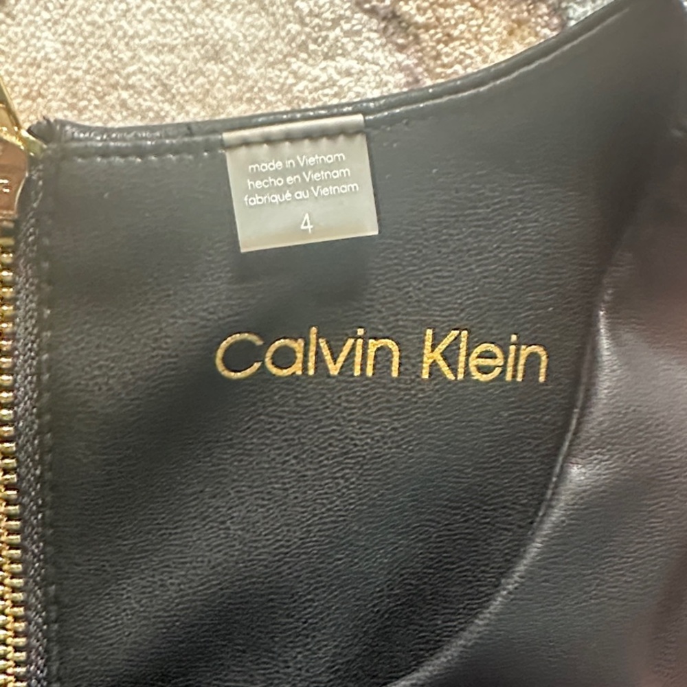 CALVIN KLEIN Size 4 Black Sleeveless Faux Leather Gold Zipper Midi Dress - Picture 2 of 8